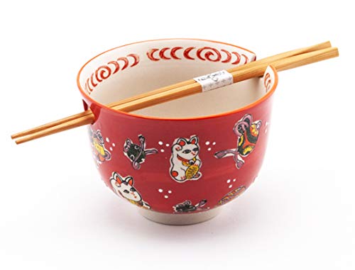Happy Sales HSRB-LCRD, Japanese Ramen Udon Noodle Bowl with Chopsticks Gift Set, Red Lucky Cat