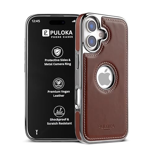 Image of PULOKA Chrome Leather Back Case - Compatible with iPhone 17 - Premium Bumper Case - Flexible Vegan Leather - Electroplated Sides & Logocut - Full Camera Protection & Raised Edges - (Brown)