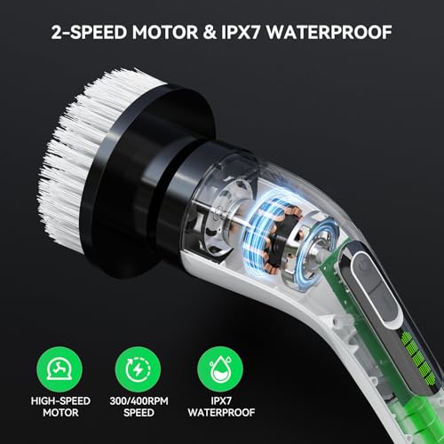 Image of Electric Spin Scrubber Cordless ​Shower Cleaner Bathroom Cleaning Brush Scrubbing with Tool Free Adjustable Extension Arm for Tub Tile Floor and 7 Replaceable Heads for Kitchen Floor (White-Black)