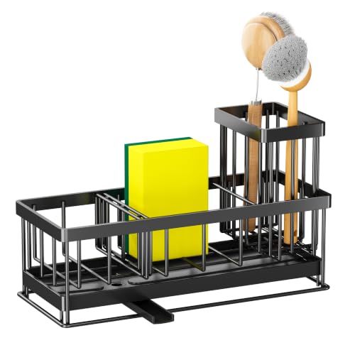TidyTrove Kitchen Sink Caddy - Sink Tidy Organizer with Removable Sponge Holder Brush Holder Self-Draining Tray for Countertop Kitchen Storage Organisation (Black)