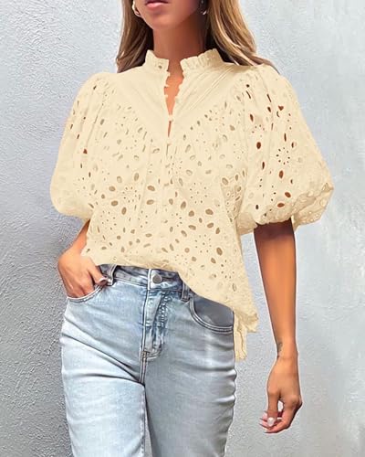 PRETTYGARDEN Women's Summer Tops 2025 Dressy Casual Short Sleeve V Neck Buttons Hollow Out Lace Embroidered Blouses Shirts (Beige,Small)