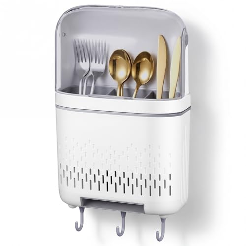 Sliner Wall Mount Utensil Rack Holder with Lid and Hook Waterproof Compartmental Storage Caddy Cutlery Drainer with Cover Detachable Kitchen Hanging Chopstick Silverware Organizer Moonlight White