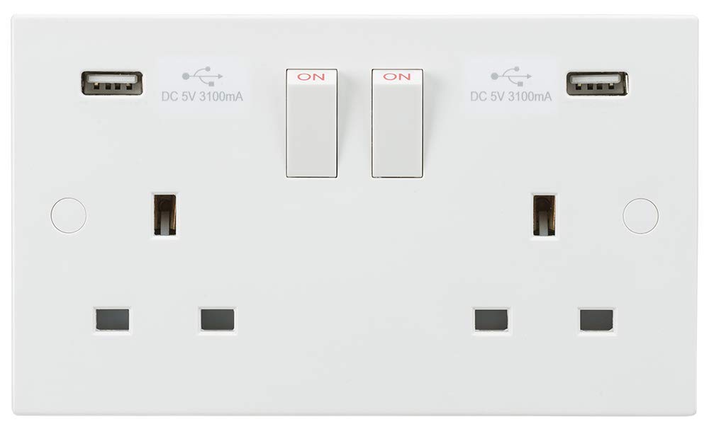 Knightsbridge Square Edge 13A 2G Switched Socket With Dual Usb Charger 5V Dc 3.1A