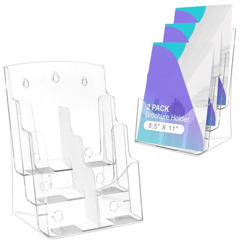 AMGSH 2 Pack 3 Tier Brochure Holder 8.5” x 11” - Acrylic Literature Holder with Removable Divider for 4” x 9” Brochure, Clear Flyer Holder Pamphlet Display Stand