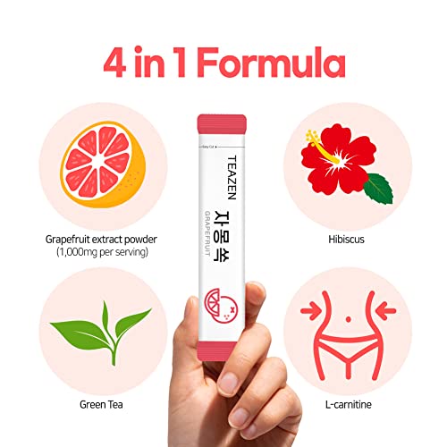Image of TEAZEN Grapefruit Tea Powder, Sugar Free, Hibiscus and Green Tea, Powdered Mix Beverage from Korea, On-the-Go 10 Packets, 1.76oz