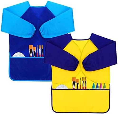 CUBACO Kids Painting Apron, 2 Packs Waterproof Art Smocks For Child 3-8 Years, Children Artist Apron with Long Sleeve and 3 Pockets