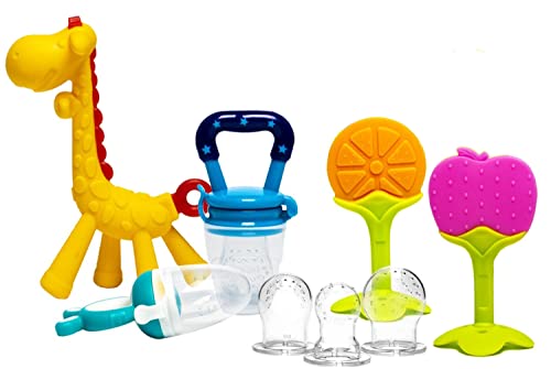 Image of Infant Teething Set For Baby, 3 And 2 Pack Combo Set, Silicon Baby Teethers Set, Bpa Free (Multicolors) (1 Feeder + 1 Giraffe Teether + 1 Silicone Fruit Teether)