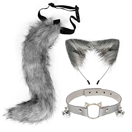 QinRuan Cat Ears and Wolf Fox Animal Tail Cosplay Costume Faux Fur Hair Clip Headdress Halloween Leather Neck Chocker Set (3-DarkGray)