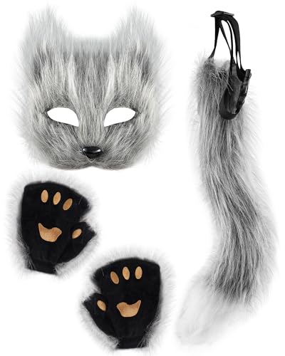 Subtoy Gray Wolf Masks for Kids, Furry Fox Masks for Cosplay and Halloween Party, Adjustable Animal Mask w/Gloves and Tail, Comfortable Breathable Design for Adults & Kids, Great for Parties