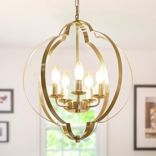 DLLT 5-Light Gold Farmhouse Chandelier, 16.53'' Dining Room Light Fixtures Over Table, Copper Adjustable Chandelier for Entryway, Living Room, Bedroom, 40W, E12 Base (Bulbs Not Included)