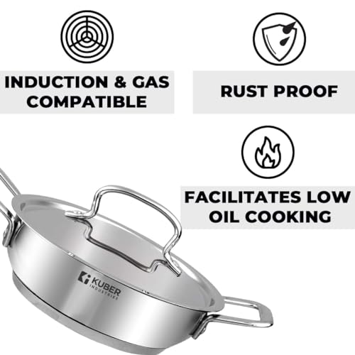 Image of Kuber Industries XtraDeluxe Deep Frying 2.2 Liters Triply Stainless Steel Kadai for Cooking with Lid | Induction Compatible Kadhai /Cookware for Kitchen | Has Cold-Touch Handles | SS - Silver