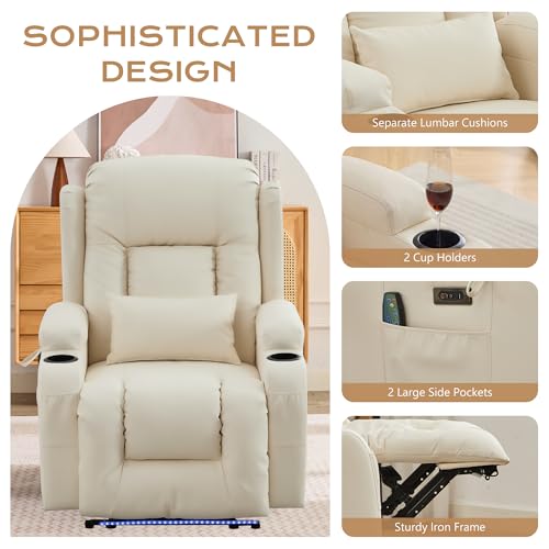 Image of URRED Recliner Chair with Massage and Heat, Power Reclining Sofa Chair Home Theater Seating with LED Ambient Light, USB Ports, Cup Holders, Side Pockets, Faux Leather (Beige, Set of 1)