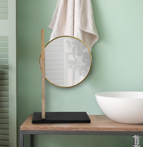 Image of Howard Elliott Collection Skoda Round Tabletop Mirror with Stand, Vanity Makeup Mirror with Brushed Brass Stainless Steel Frame and Mango Wood Base, Modern Accent Decor Mirror, Brass, 28.5 x 18 Inch