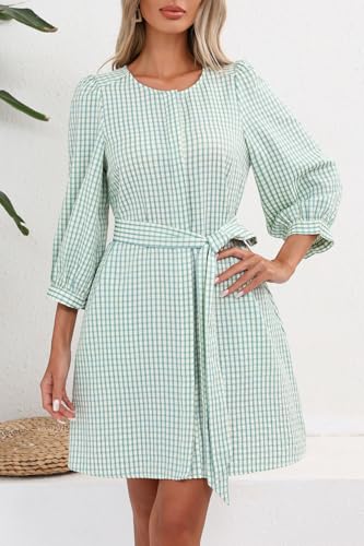 Image of Ladyful Gingham Shirt Dress for Women Summer Crewneck 3 /4 Sleeve Button Down Dress Tie Waist Plaid Short Dresses
