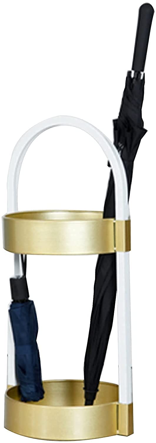 Sywlwxkq Umbrella Stand Rack,Umbrella Stand Golden Light Wrought Iron Frame Floor-Standing Umbrella Bucket with 4 Hooks,Gold White