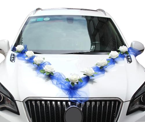 Autoschmuck Kit de Décoration de Voiture de Mariage - Guirlande Florale Avec 9 Roses - Gaze Bleue et Blanche