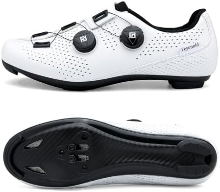Feyenold Heren fietsschoenen dames wielerschoenen compatibel met SPD-SL pedaal & compatibele installatie SPD/Look KEO Cleats rijschoenen, wit, 45 EU