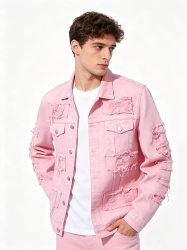 Image of Men's Denim Jacket Patchwork Fringe Jacket Slim Jean Jacket Streetwear Coat