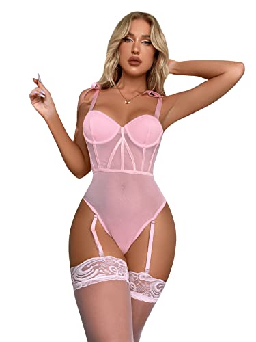 SweatyRocks Women's Mesh Lace Lingerie with Garter Teddy Bodysuit with Stockings Pink XL