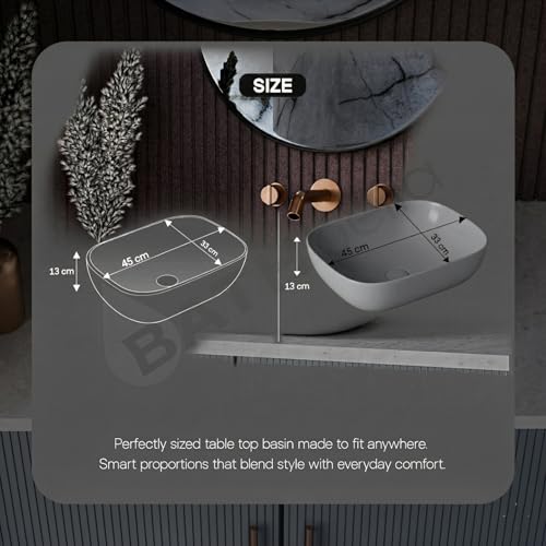 Image of Designer Ceramic Wash Basin For Bathroom | Over Counter Bathroom Basin | Counter Top Bathroom Sink | Wash Basin For Restaurant, Hotel (18 x13 x 5 Inch) (13x18 Grey)