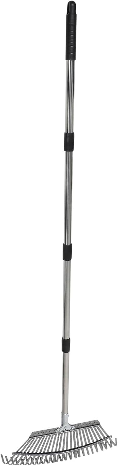 Metal Garden Rake with 25 Stainless Steel Tines for Lawns and Patios, 62-inch Detachable Handle Grass Rake for Leaf Pickup and Yard Cleaning