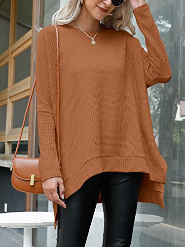Anrabess Women Crewneck Batwing Long Sleeves High Low Hem Side Slit Casual Waffle Knit Tunic Shirt A138Jiaotang-L Caramel #TOP3