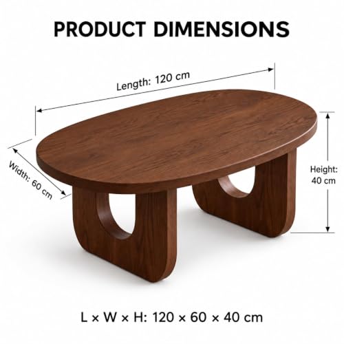 Image of Mango Wood Oval Coffee Table for Living Room, Modern Wooden Center Table with Unique U-Shaped Legs, Walnut Finish