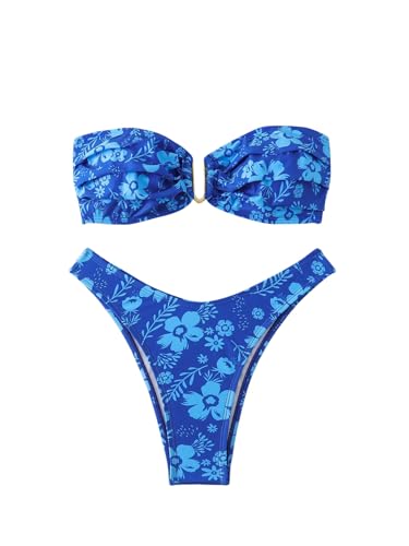 MakeMeChic Women's Floral Bikini Sets Strapless Bandeau Ring Metal Ruched Bathing Suit 2 Piece Swimsuits