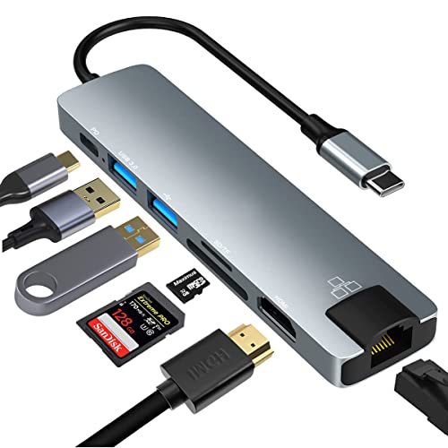 Image of Verilux USB C Hub with Ethernet RJ45 7 in 1 USB Type C Hub with 4K HDMI Converter, SD /TF Card Reader PD 87W Charging Port, Multi USB Port for Laptop with USB Hub 3.0 + 2.0 for MacBook Air Pro M1