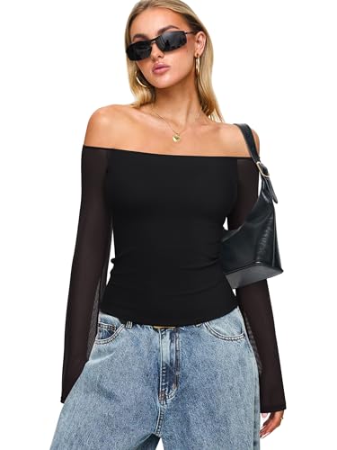 REORIA Off The Shoulder Tops for Women Tube Double Lined Mesh Going Out Shirts 2025 Fall Fashion Trendy Tops4