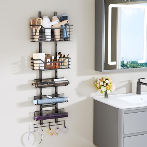 Consmest 6-Tier Hair Tool Organizer - Hair Dryer Holder Over The Door/Wall Mounted DIY Adjustable Shelf Bathroom Hair Styling Tool Organizer with Hook for Curling Iron/Blow Dryer/Straightener Black - Thumbnail 3