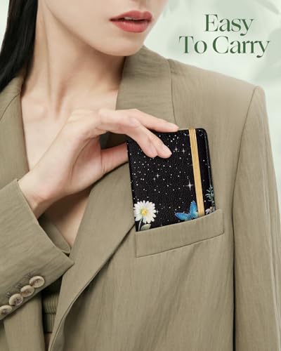 Image of Slohif Checkbook Cover for Personal Duplicate Checks - Women Check Cover Book Wallet Holder Black Star Flower Faux Leather Top Side Tear