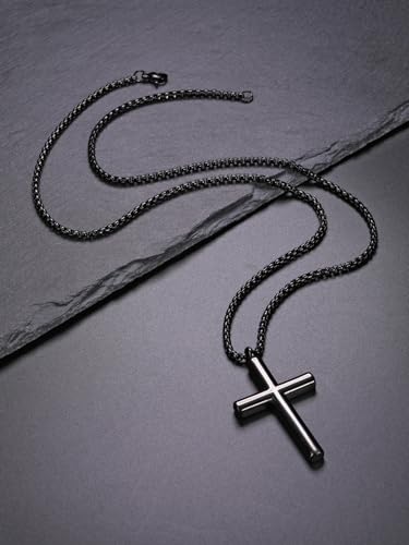 Jovivi Mens Necklace Set 2pcs Matte Black Agate Tigers Eye Gemstone Beaded Healing Crystal Necklace Stainless Steel Cross Pendant Necklace for Men Meditation Jewelry4