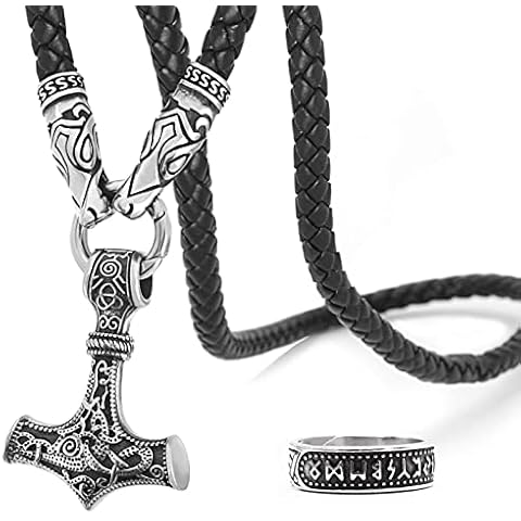 BAVIPOWER Mjolnir the Thor's Hammer Pendant With Wolf Heads Braided Leather Necklace Stainless Steel Authentic Norse Scandinavian Viking Jewelry ► BONUS ADJUSTABLE RUNE RING Cover