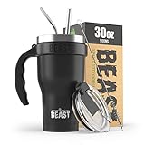 BEAST 30 oz Matte Black Tumbler Set with Handle - Stainless Steel Coffee Cup + 2 Straws Brush, Gift...