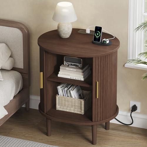 DHH Mid Century Modern Nightstand with Charging Station Fluted Accent Side Table with Sliding Door & Adjustable Shelf End Table for Small Space Living Room Bedroom Sofa Couch (1 Walnut)