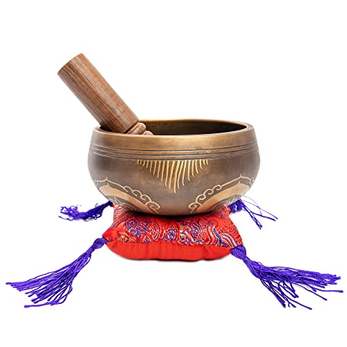 Image of Tibetan Singing Bowl Set - Easy To Play Authentic Handcrafted For Meditation Sound Chakra Yoga Healing 4 Inches By Himalayan Bazaar (Brown and Maroon)