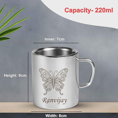 Image of SAVRI Personalized Stainless Steel Mug for Kids with Customized Name Engraved & Cartoon Design | 220 ml Double Wall Insulated Mug for School, Milk, Juice & Water (Butterfly)