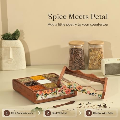 Image of Brick Brown Premium Wooden Pastel Flora Nava Masala Box with Wooden Spoon | 9-Compartment Spice Box Organizer with Acrylic Lid Meenakari Work | Masala Dani Namak Dani | Masala's Container Dabba