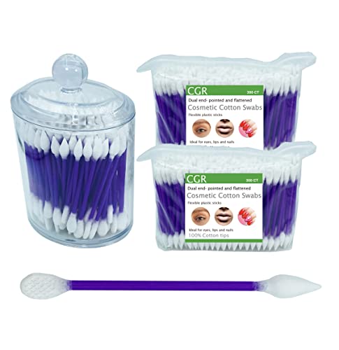 Image of 760pcs CGR Precision Cotton Swabs packed in Acrylic swab canister with Pointed and Flattened Tip, Cosmetic Makeup Applicator(160pcs in canister, 2x300pcs in bags) (760)
