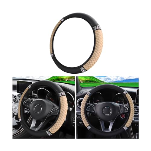 Bling Soft Leather Steering Wheel Cover, 15 Inch Colorful Rhinestones Auto Elastic Steering Wheel Protector, Sparkly Crystal Diamond for Women Girls, Car Interior Accessories (Beige)