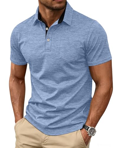 LINENNMAIN Mens Short Sleeve Polo Shirts Collared Business Casual Polo T Shirts with Pocket Heather Light Blue