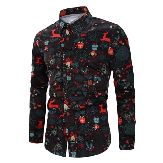 Kvruhuiy Camisas casuales para hombre Camisas navideñas divertidas impresas con botones camisetas de manga larga camisa de disfraz de Navidad para fiesta de festival, Negro , XL