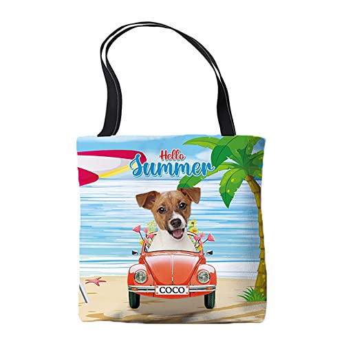 BAGEYOU Sac fourre-tout personnalisé Jack Russell Terrier Puppy Drive a Car Tote Bag Hello Summer Beach Sea Esthétique Sac à bandoulière pour l'école et le travail, Jack Russel Terrier, 18x18inch