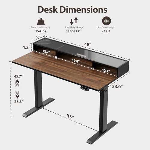 Image of Agilestic 48 x 24 Inches Electric Standing Desk with Storage, Adjustable Height Sit and Stand Computer Table with Glass Shelf, Splice Board, Dark Walnut