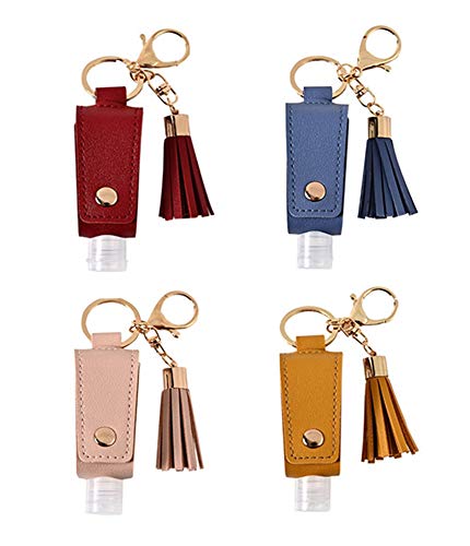 DSYLAI Travel Bottles Keychain Holder 4 Pieces/Set 30ML Empty Refillable Bottles Hand Sanitizer Leather Keychain Holder Refillable Container Flip Bottle With Tassel Carrier (red)