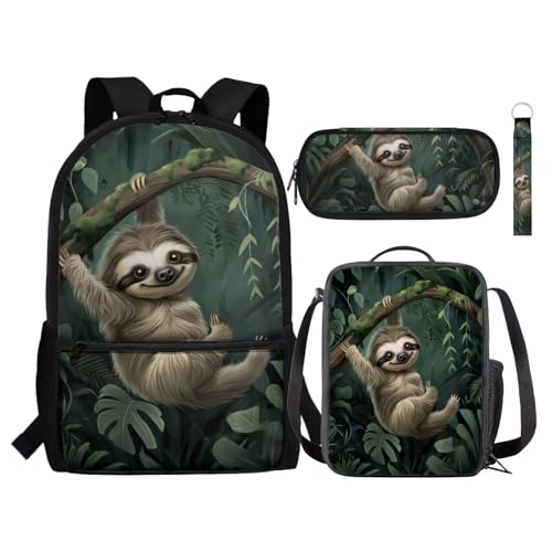 Zaino per bambini 4 in 1 Set di zaini per la scuola con portapranzo astuccio portamatite portachiavi per il ritorno a per ragazzi studenti Foglia di Bradipo Monstera Taglia unica