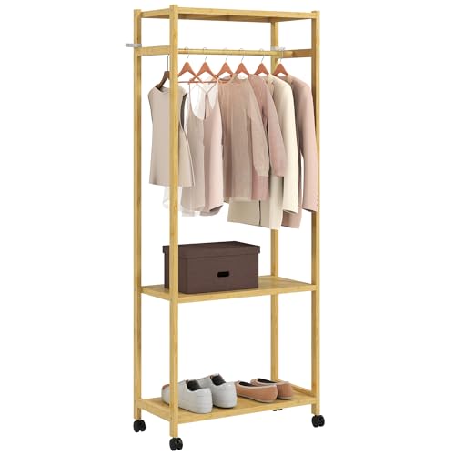 HOMCOM Portant à vêtements à roulettes, porte-manteau en bambou avec 2 étagères de rangement et tringle suspendue, penderie vêtement pour chambre, buanderie, 70 x 35 x 175 cm, bois naturel