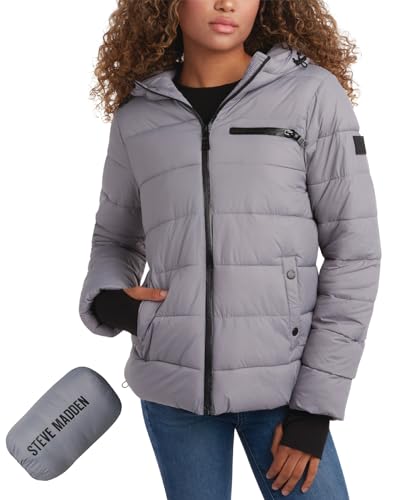 Steven Madden Women Winter Jacket - Packable Quilted Puffer Parka Coat - Hooded Outerwear Windbreaker Jacket for Women, S-XL
