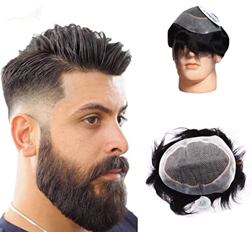 Image of SkyHair 2 Layer Silk Top AUSTRALIAN Hair Patch for Men | 100% Remy Human Hair Wig | Transparent PU Natural and Undetectable Front Hairline Toupee | PREMIUM System | (10x7, Black)